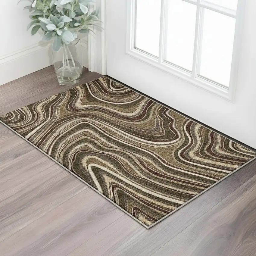 Brown Beige And Taupe Marble Washable Area Rug With UV Protection Photo 2