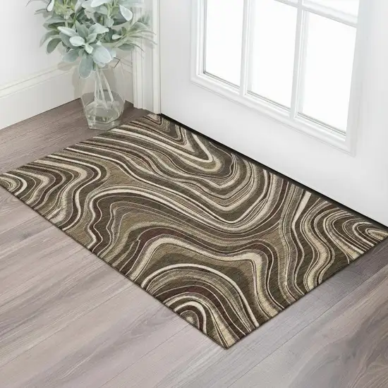 Brown Beige And Taupe Marble Washable Area Rug With UV Protection Photo 1