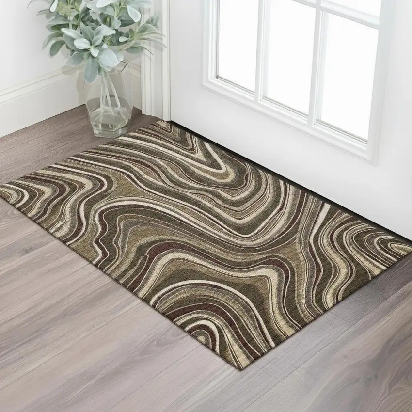 Brown Beige And Taupe Marble Washable Area Rug With UV Protection Photo 1