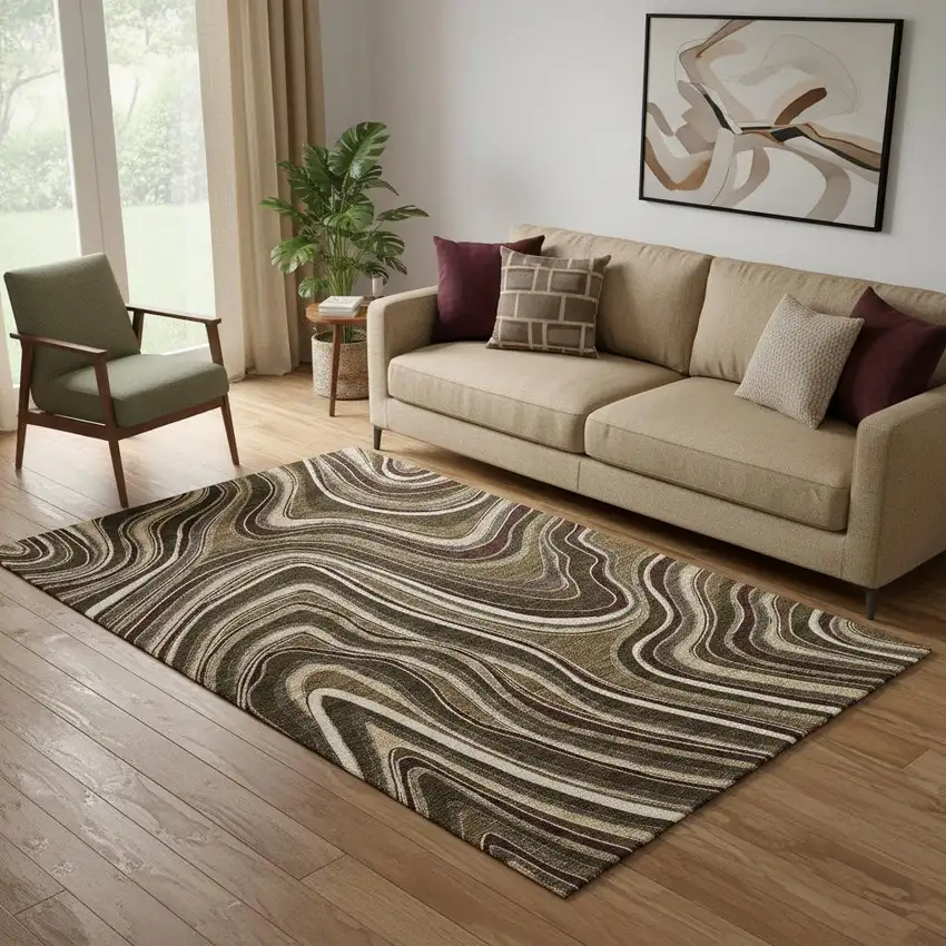 Brown Beige And Taupe Marble Washable Area Rug With UV Protection Photo 1