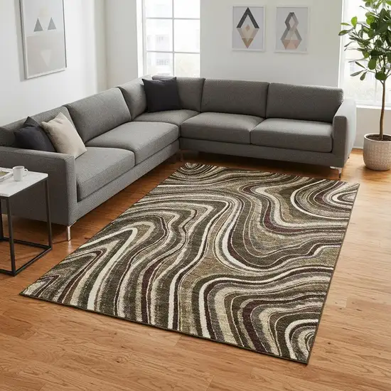 Brown Beige And Taupe Marble Washable Area Rug With UV Protection Photo 2