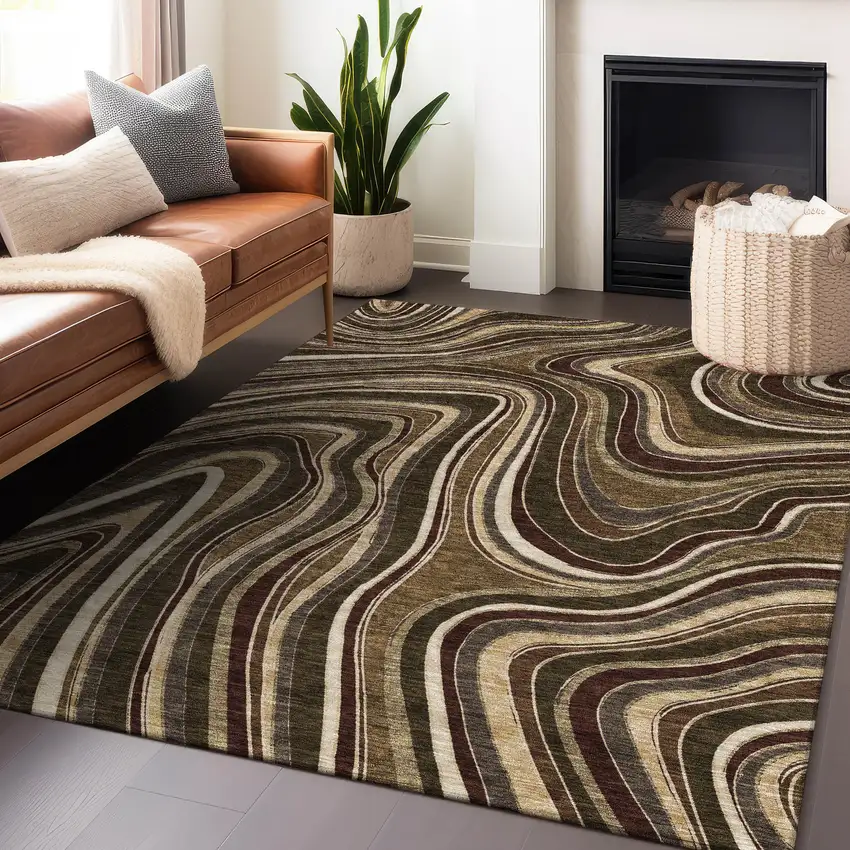 Brown Beige And Taupe Marble Washable Area Rug With UV Protection Photo 6