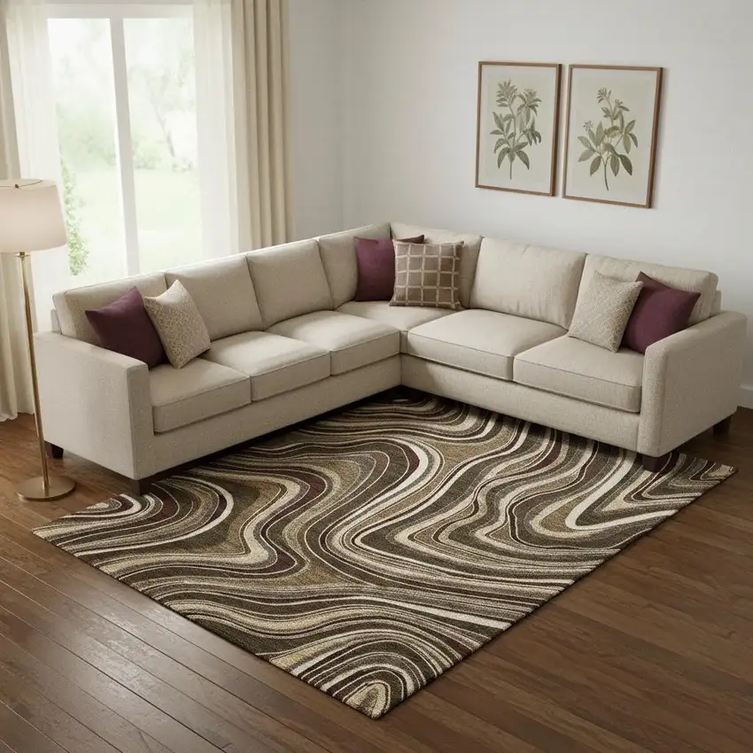 Brown Beige And Taupe Marble Washable Area Rug With UV Protection Photo 1