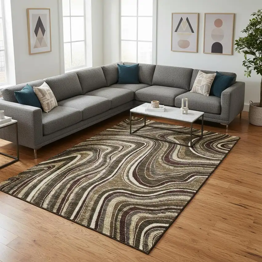 Brown Beige And Taupe Marble Washable Area Rug With UV Protection Photo 2