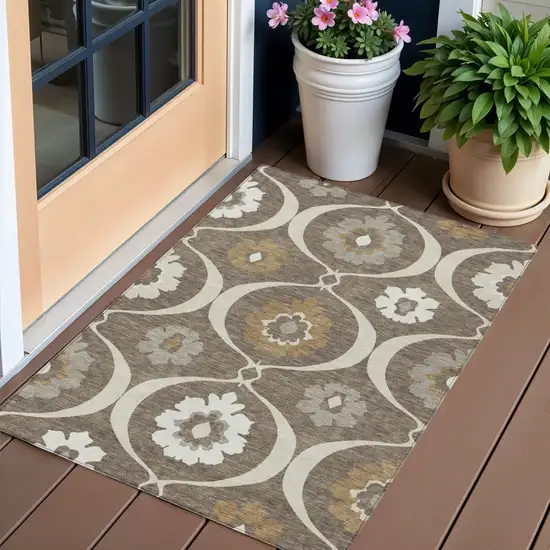 Brown Beige And Taupe Medallion Washable Indoor Outdoor Area Rug Photo 1