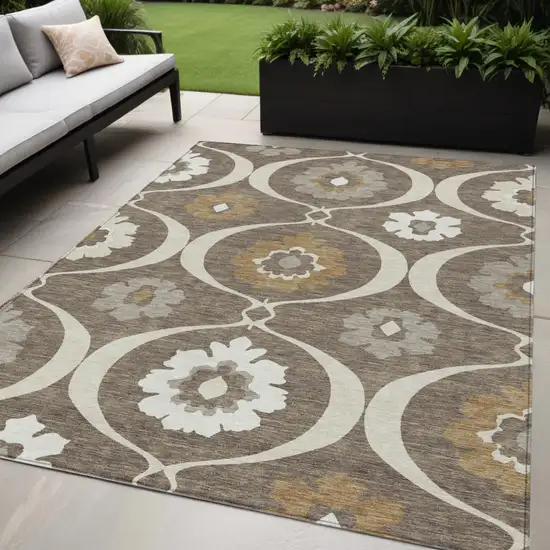 Brown Beige And Taupe Medallion Washable Indoor Outdoor Area Rug Photo 1