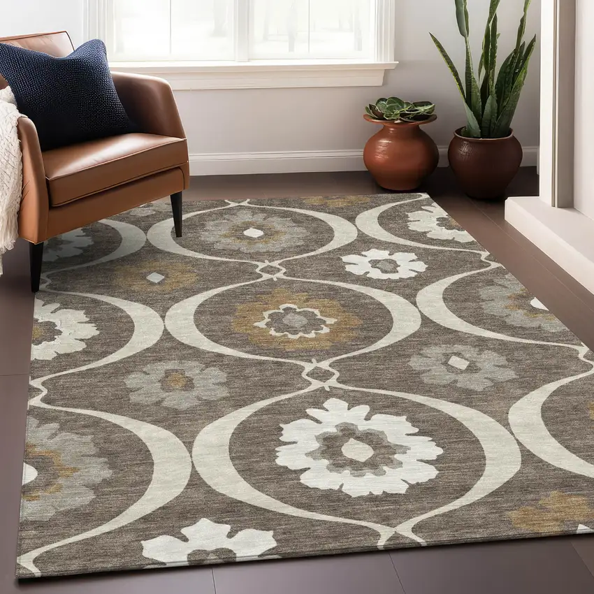 Brown Beige And Taupe Medallion Washable Indoor Outdoor Area Rug Photo 9