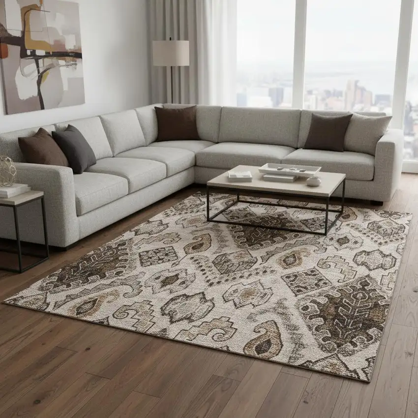 Brown Beige And Taupe Moroccan Washable Area Rug With UV Protection Photo 2