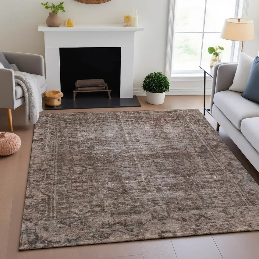 Brown Beige And Taupe Oriental Washable Area Rug With UV Protection Photo 4