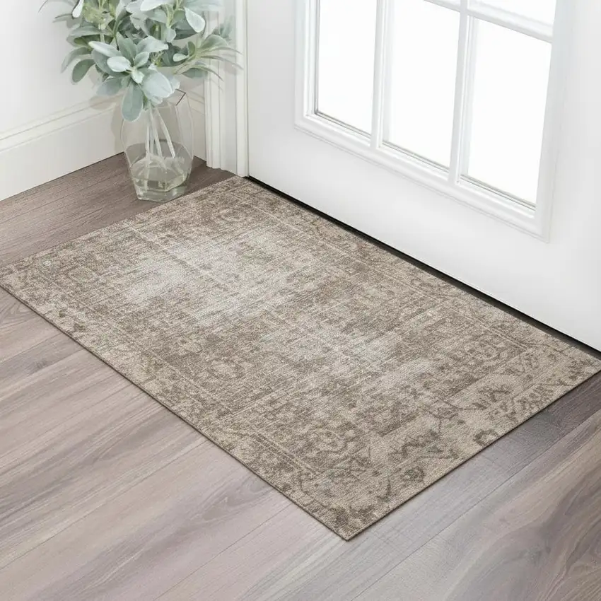 Brown Beige And Taupe Oriental Washable Area Rug With UV Protection Photo 2