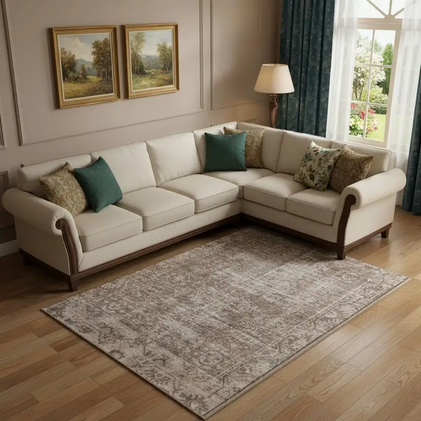 Brown Beige And Taupe Oriental Washable Area Rug With UV Protection Photo 2