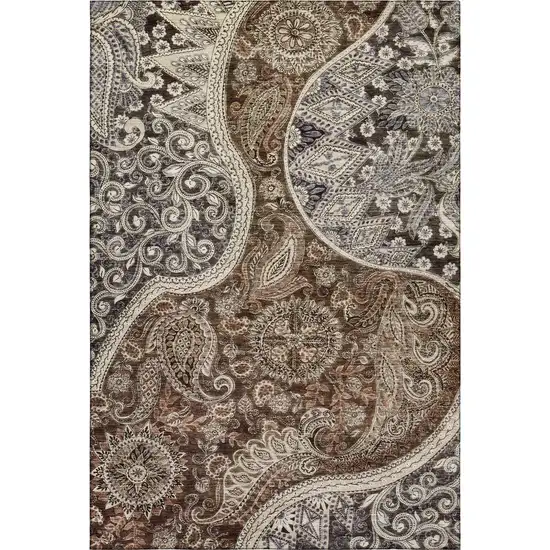 Brown Beige And Taupe Paisley Washable Area Rug With UV Protection Photo 1