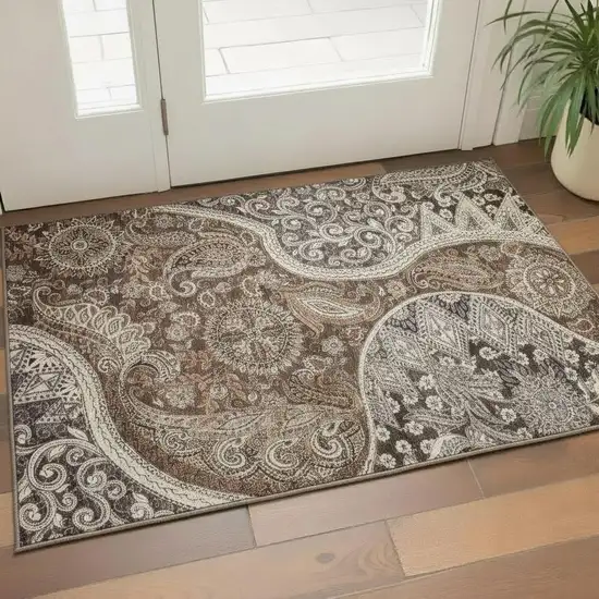 Brown Beige And Taupe Paisley Washable Area Rug With UV Protection Photo 2