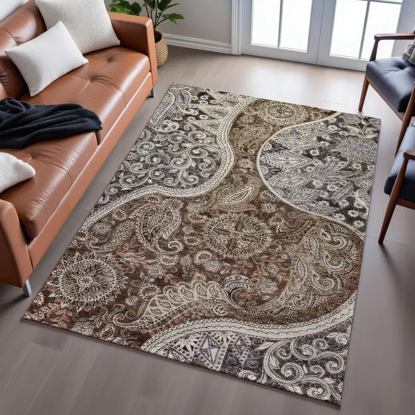 Brown Beige And Taupe Paisley Washable Area Rug With UV Protection Photo 5
