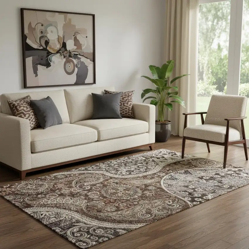 Brown Beige And Taupe Paisley Washable Area Rug With UV Protection Photo 2