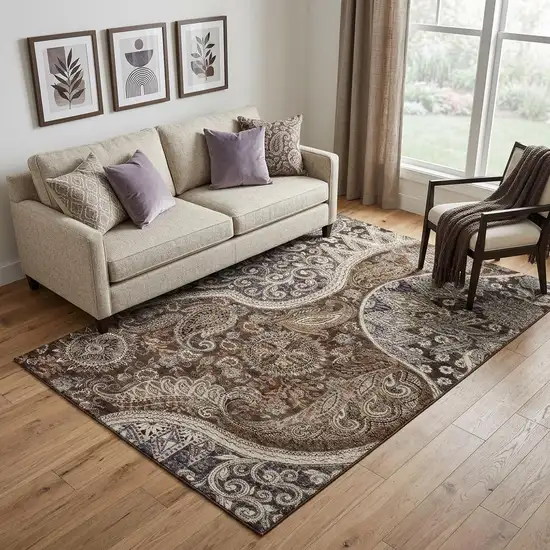 Brown Beige And Taupe Paisley Washable Area Rug With UV Protection Photo 1