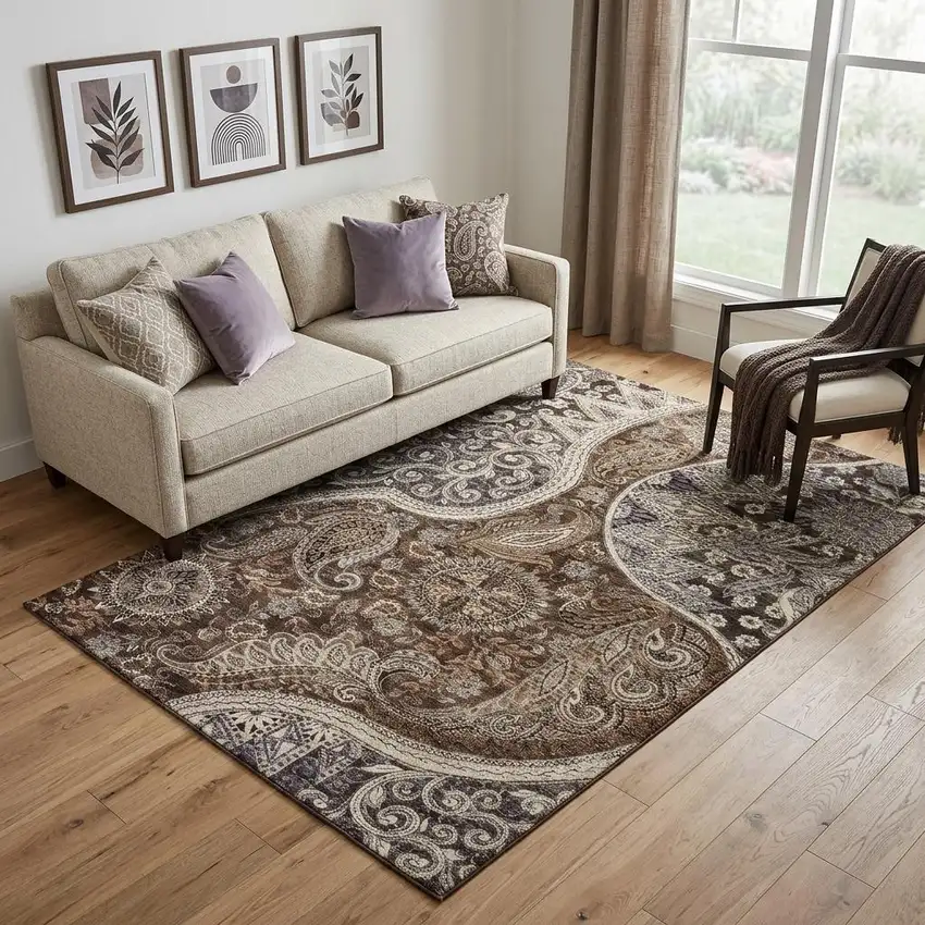 Brown Beige And Taupe Paisley Washable Area Rug With UV Protection Photo 1