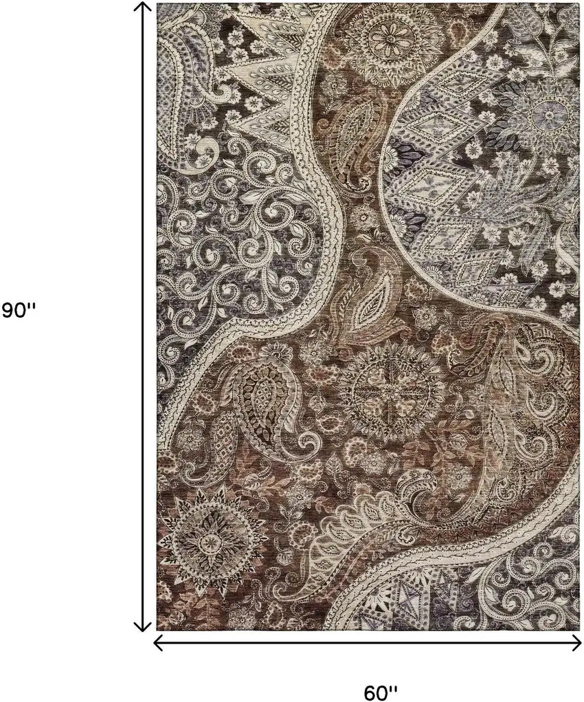Brown Beige And Taupe Paisley Washable Area Rug With UV Protection Photo 8