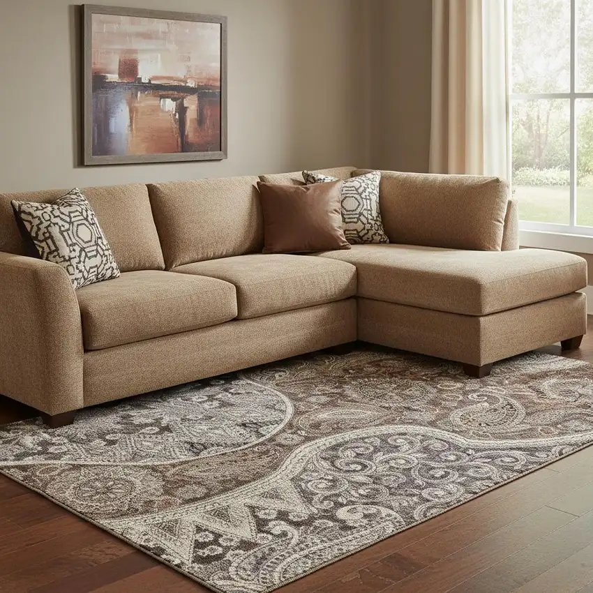 Brown Beige And Taupe Paisley Washable Area Rug With UV Protection Photo 2