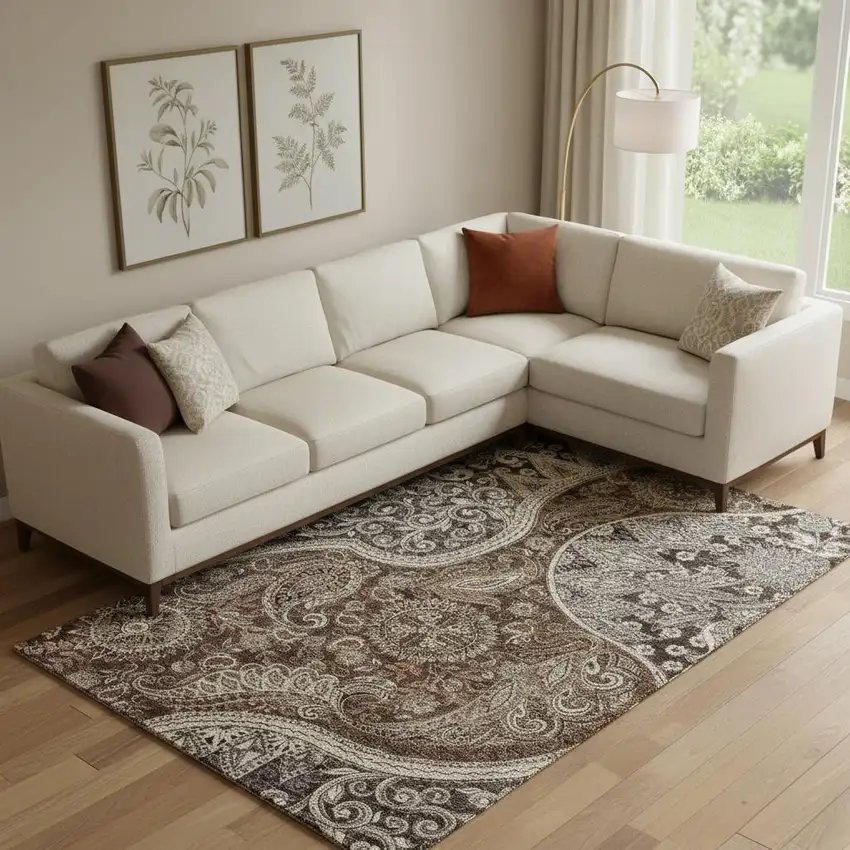 Brown Beige And Taupe Paisley Washable Area Rug With UV Protection Photo 2