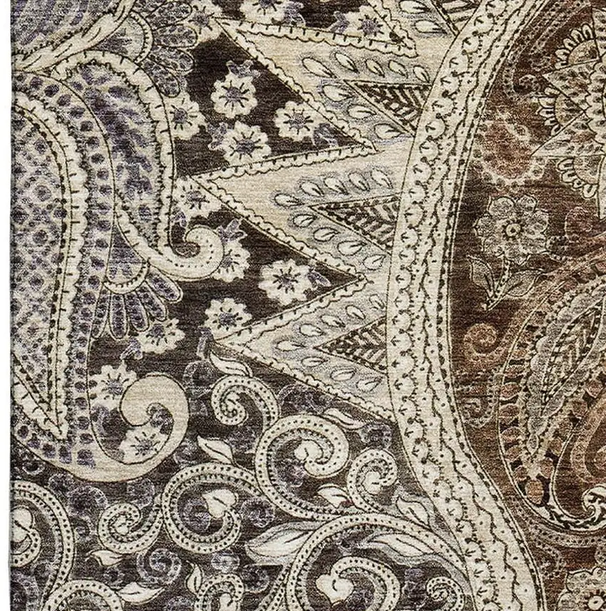Brown Beige And Taupe Paisley Washable Area Rug With UV Protection Photo 3