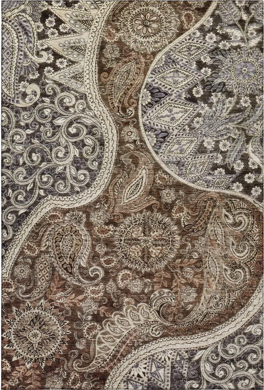 Brown Beige And Taupe Paisley Washable Area Rug With UV Protection Photo 1