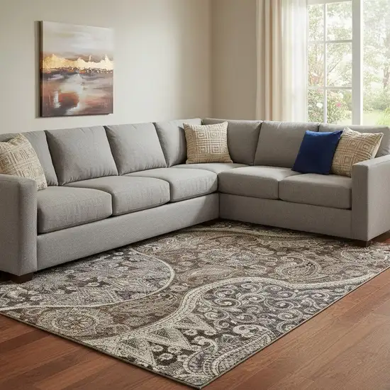 Brown Beige And Taupe Paisley Washable Area Rug With UV Protection Photo 2