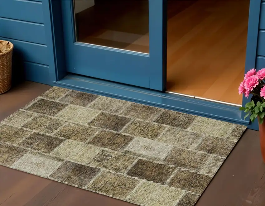 Brown Beige And Taupe Patchwork Washable Indoor Outdoor Area Rug Photo 1