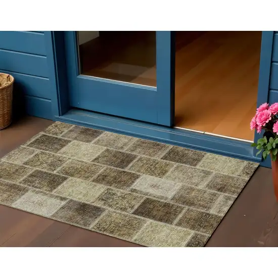 Brown Beige And Taupe Patchwork Washable Indoor Outdoor Area Rug Photo 1