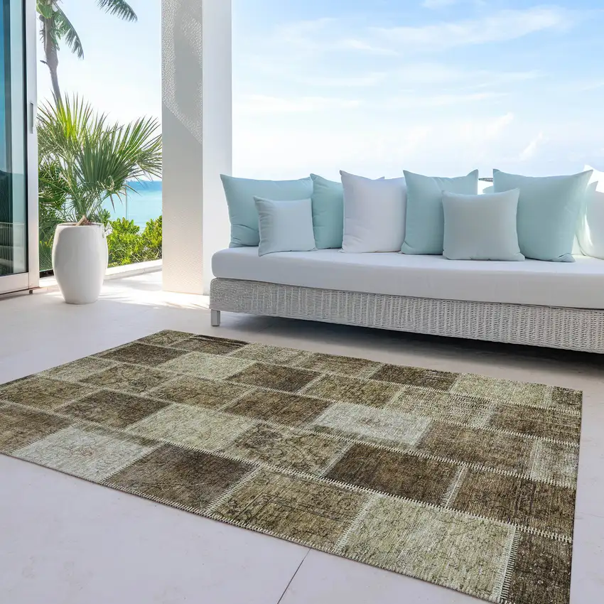 Brown Beige And Taupe Patchwork Washable Indoor Outdoor Area Rug Photo 7