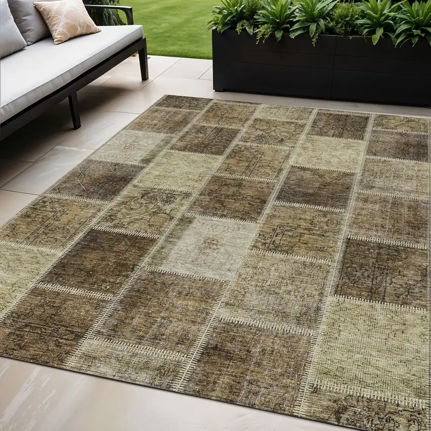 Brown Beige And Taupe Patchwork Washable Indoor Outdoor Area Rug Photo 1