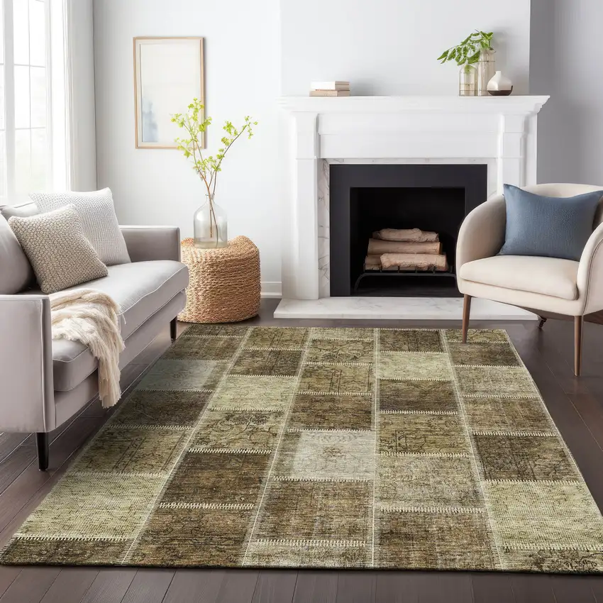 Brown Beige And Taupe Patchwork Washable Indoor Outdoor Area Rug Photo 9