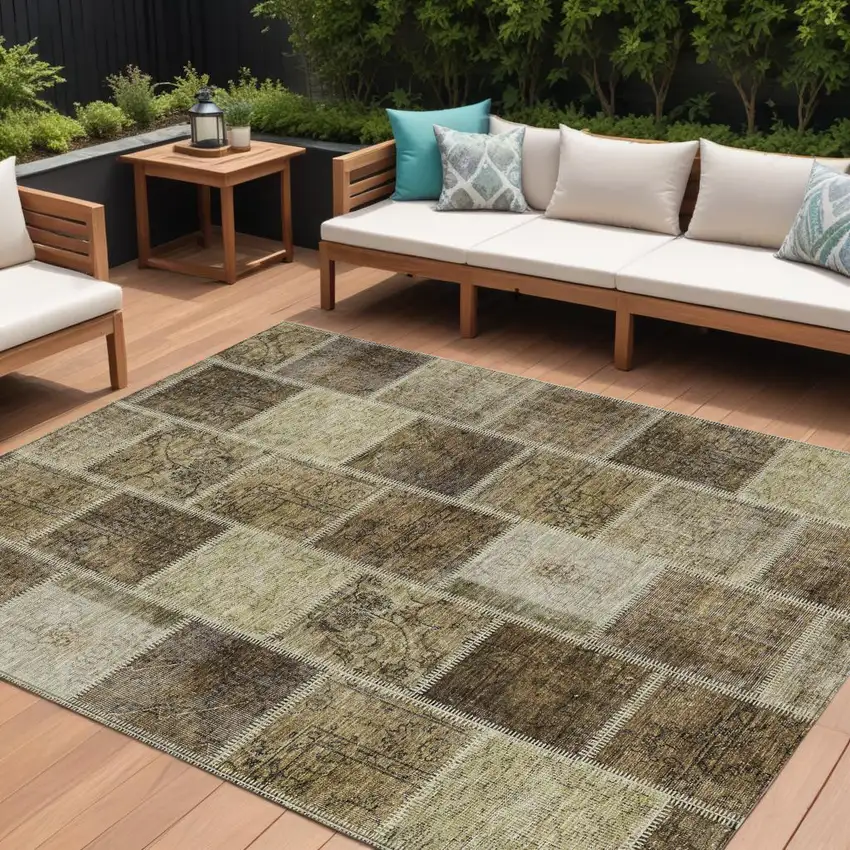 Brown Beige And Taupe Patchwork Washable Indoor Outdoor Area Rug Photo 1