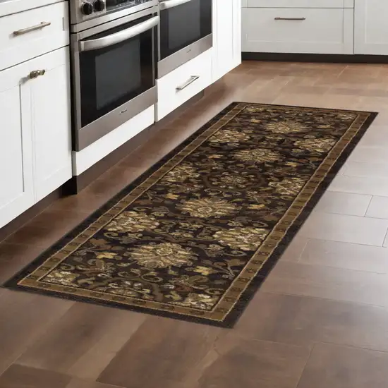 8' Green and Black Oriental Power Loom Runner Rug Photo 1