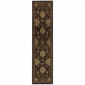 Photo of Brown Beige Blue And Red Oriental Power Loom Stain Resistant Runner Rug