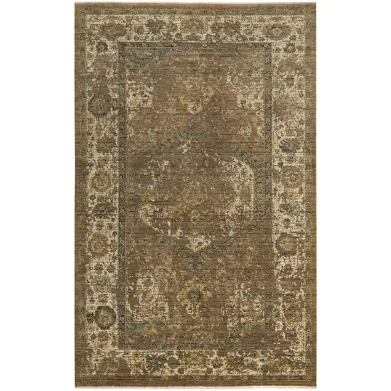 Brown Beige Ivory And Green Wool Oriental Hand Carved Handmade Area Rug Photo 1