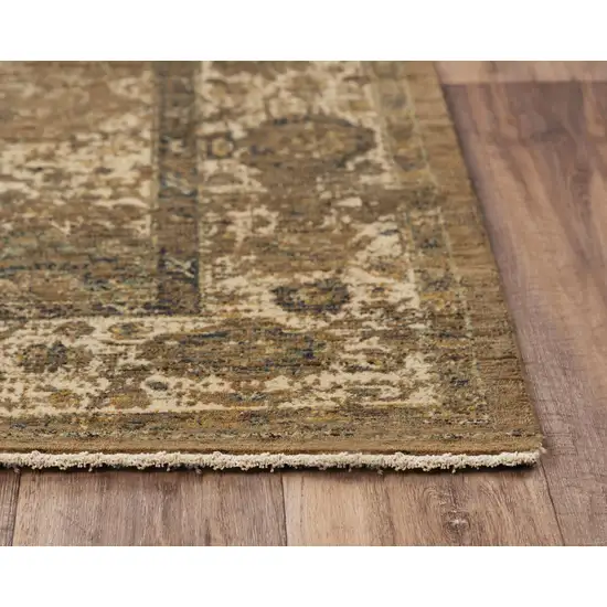 Brown Beige Ivory And Green Wool Oriental Hand Carved Handmade Area Rug Photo 2