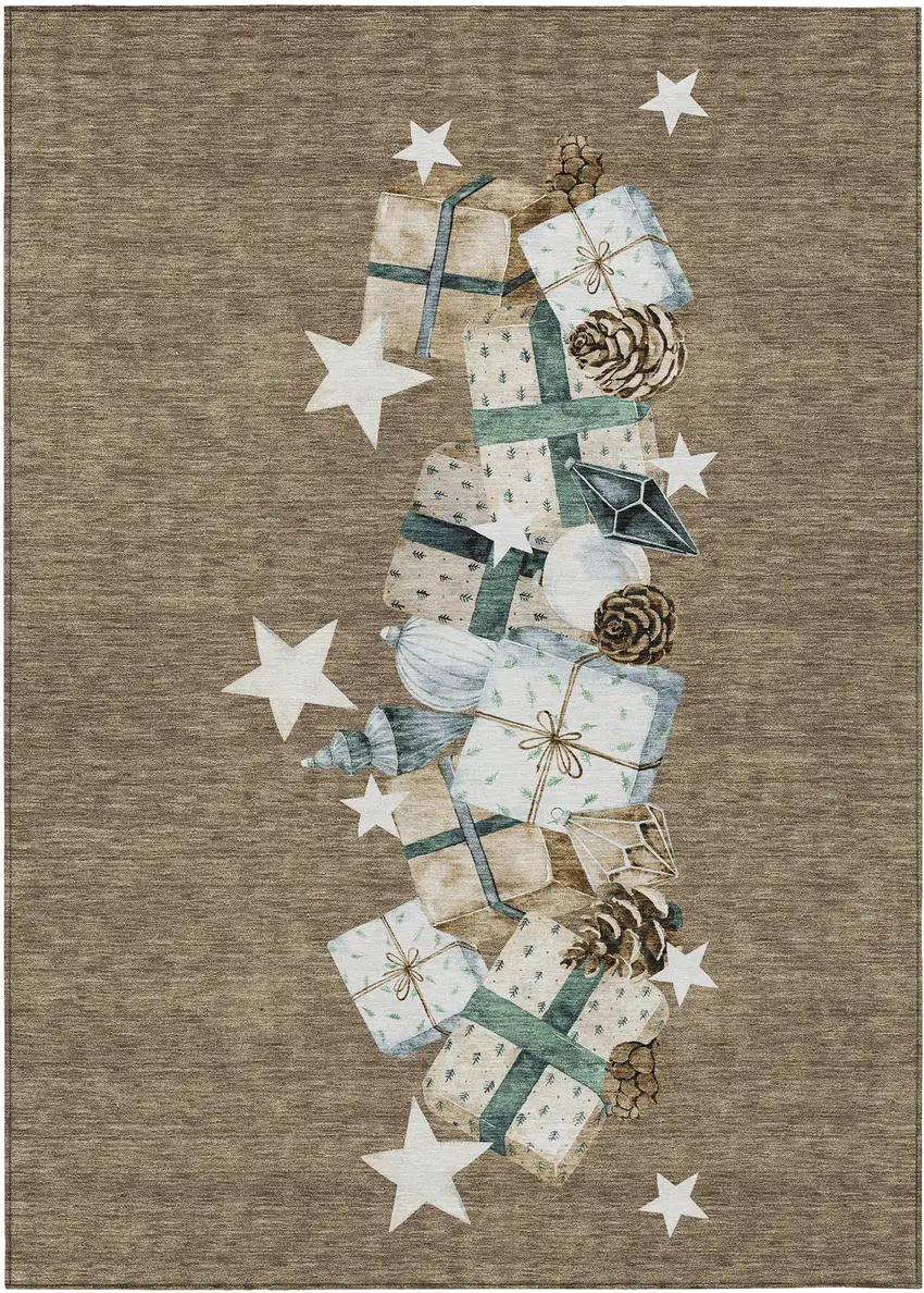 Brown Beige Ivory And Taupe Geometric Washable Indoor Outdoor Area Rug Photo 1