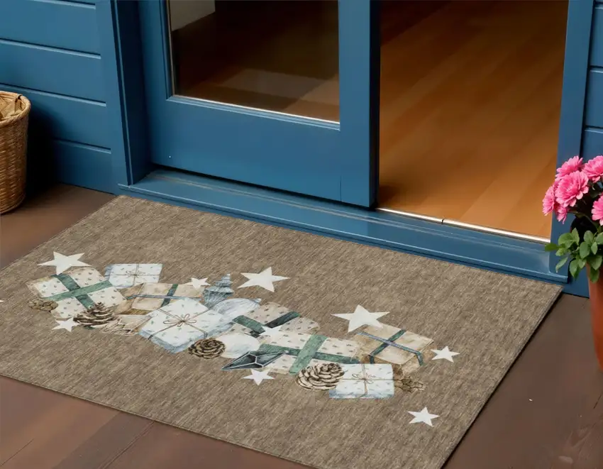 Brown Beige Ivory And Taupe Geometric Washable Indoor Outdoor Area Rug Photo 2