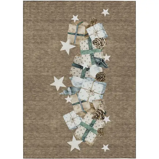 Brown Beige Ivory And Taupe Geometric Washable Indoor Outdoor Area Rug Photo 1