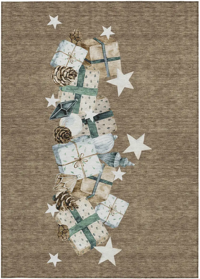 Brown Beige Ivory And Taupe Geometric Washable Indoor Outdoor Area Rug Photo 4