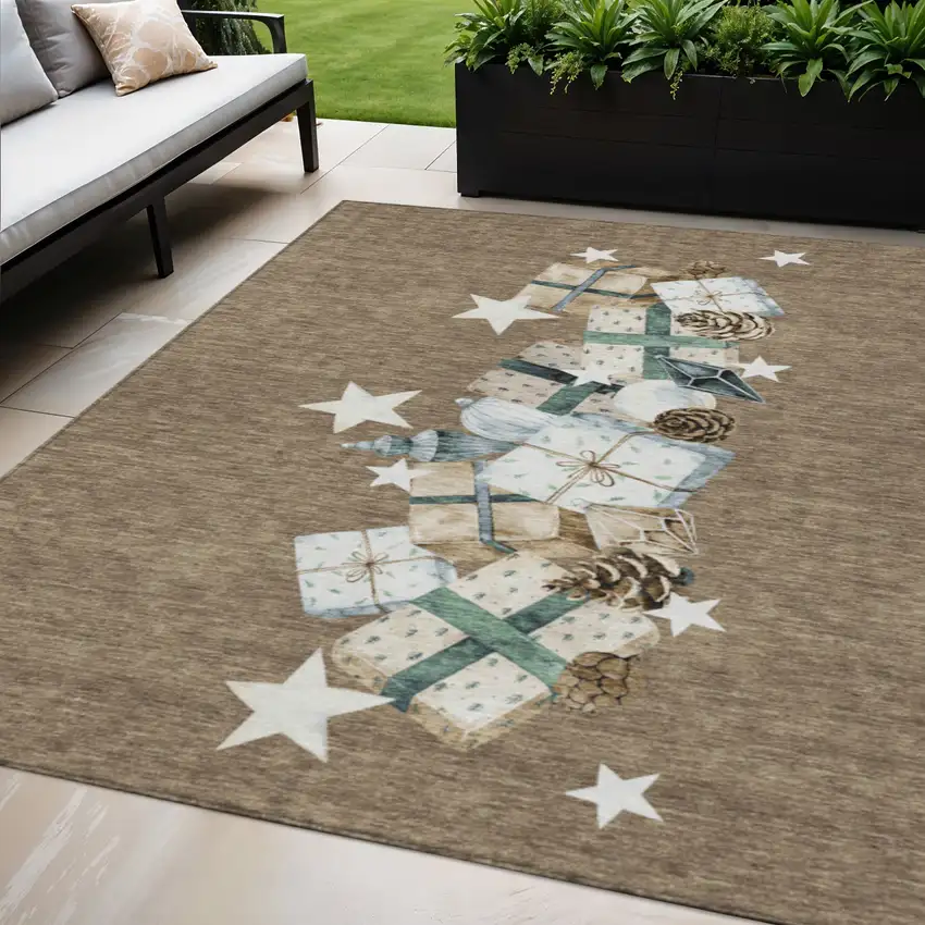 Brown Beige Ivory And Taupe Geometric Washable Indoor Outdoor Area Rug Photo 2