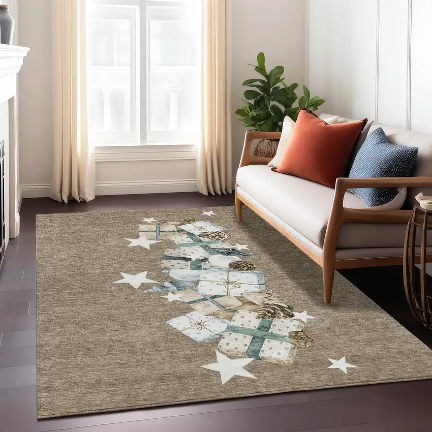 Brown Beige Ivory And Taupe Geometric Washable Indoor Outdoor Area Rug Photo 8