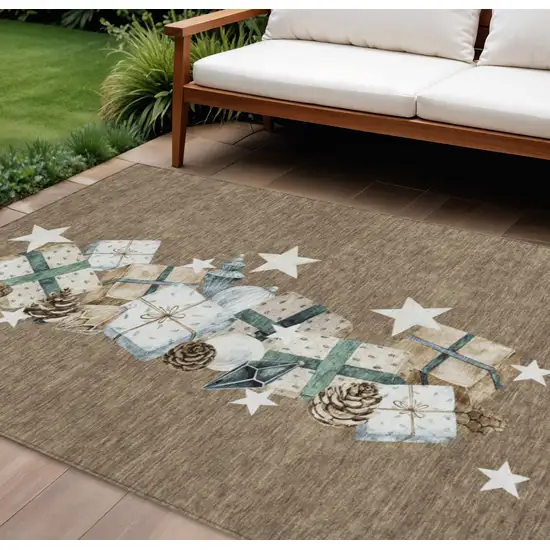 Brown Beige Ivory And Taupe Geometric Washable Indoor Outdoor Area Rug Photo 2