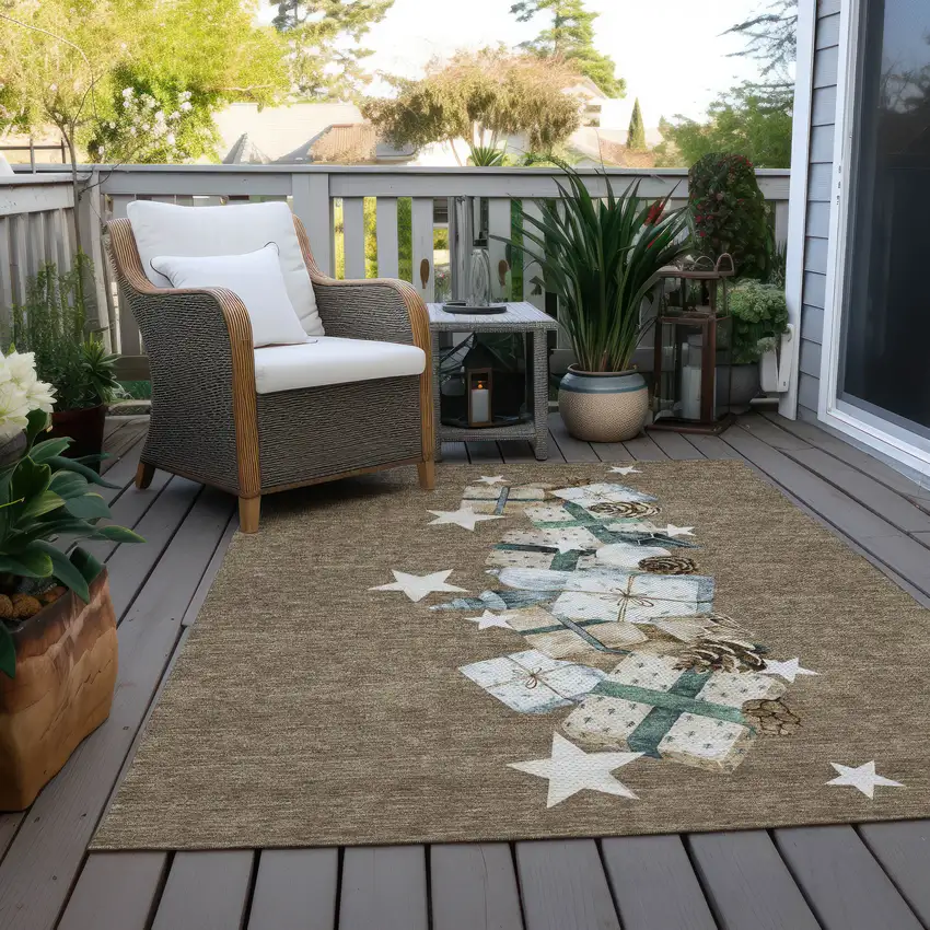 Brown Beige Ivory And Taupe Geometric Washable Indoor Outdoor Area Rug Photo 9
