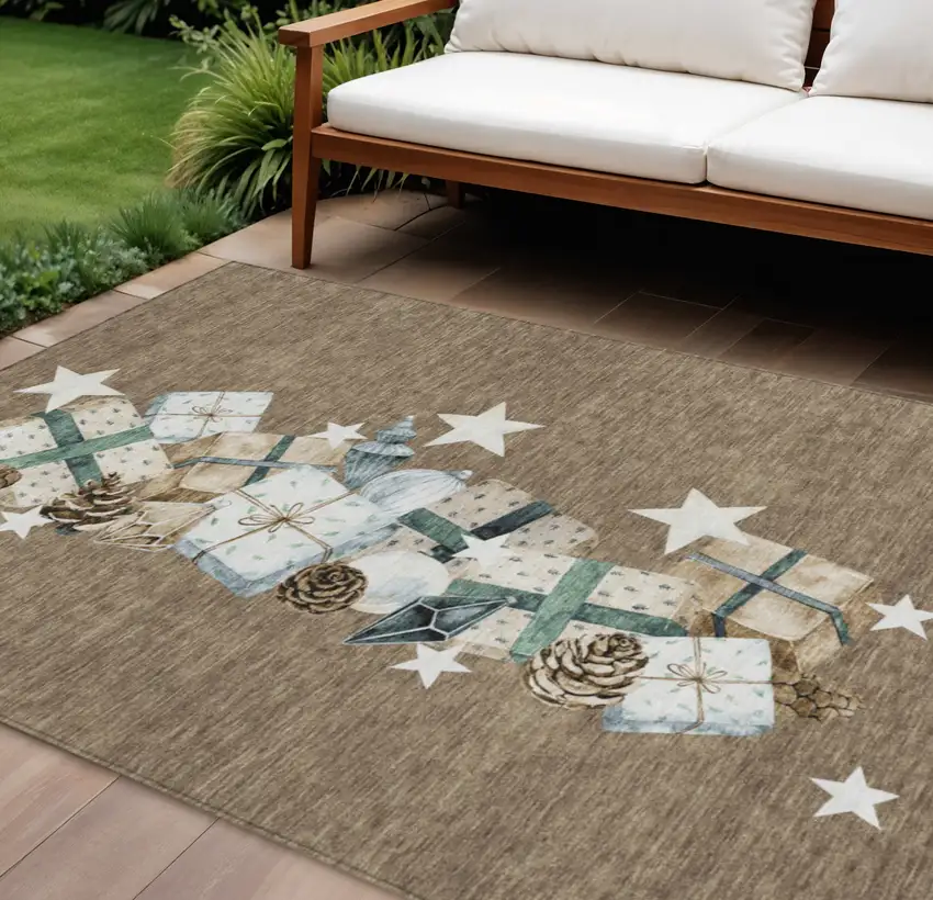 Brown Beige Ivory And Taupe Geometric Washable Indoor Outdoor Area Rug Photo 2