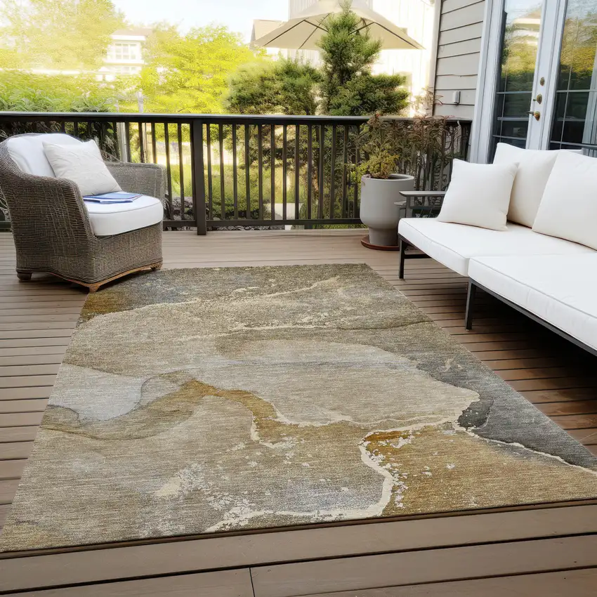 Brown Beige and Gold Abstract Washable Indoor Outdoor Area Rug Photo 6