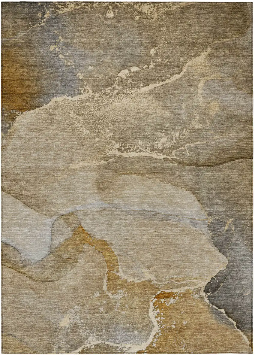 Brown Beige and Gold Abstract Washable Indoor Outdoor Area Rug Photo 2