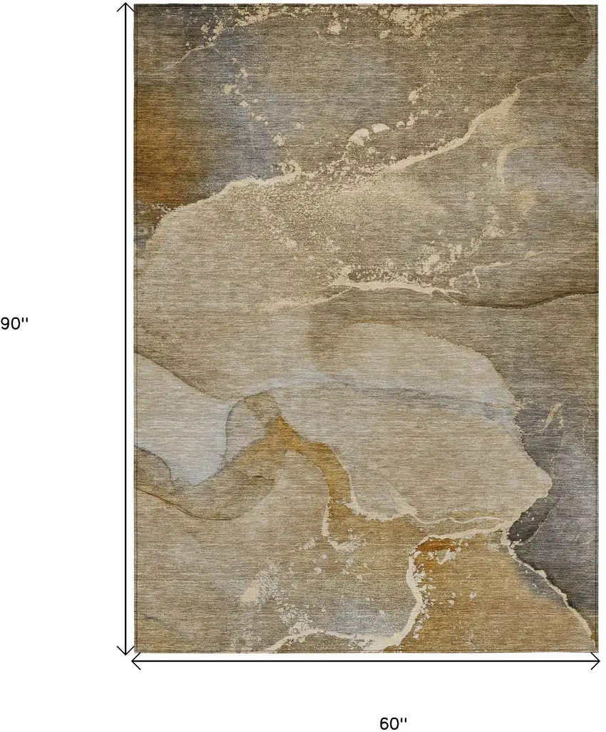 Brown Beige and Gold Abstract Washable Indoor Outdoor Area Rug Photo 3