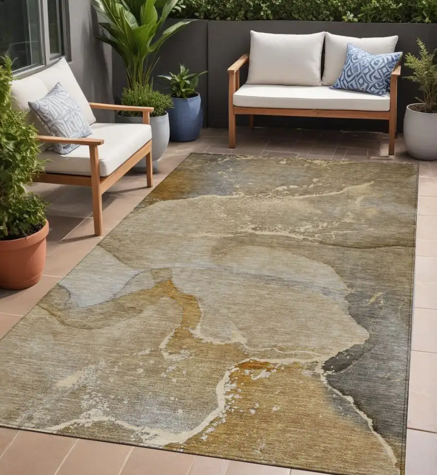 Brown Beige and Gold Abstract Washable Indoor Outdoor Area Rug Photo 1